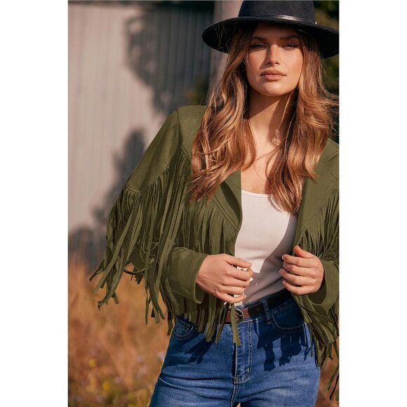 Women's Army Green Fringe Suede Leather Jackets Fall Fashion Tassel Motorcycle - Picture 8 of 9